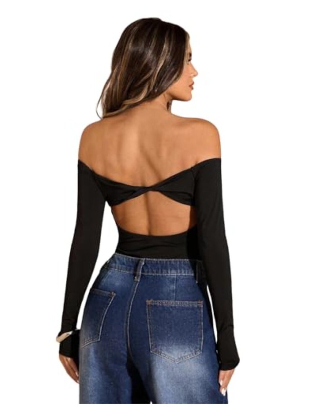 SweatyRocks Off Shoulder Twist Back Slim Fit Bodysuit Long Sleeve Leotard